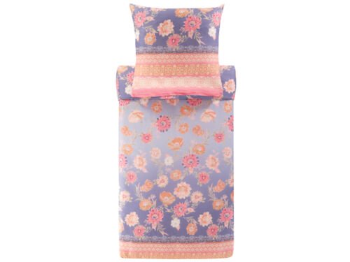 Violette Bettwäsche mit großen Blumen und rosafarbenen Bordüren