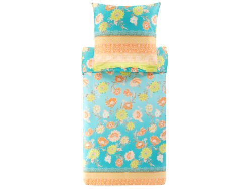 Mintgrüne Bettwäsche mit tollem Blumenmuster und gelb-oranger Bordüre