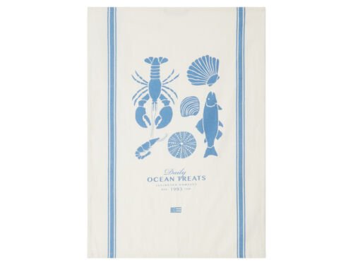 Weißes Küchentuch mit blauem Meeresfrüchte-Motiv